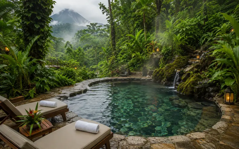 Tropical hot spring surrounded by lush Costa Rica rainforest