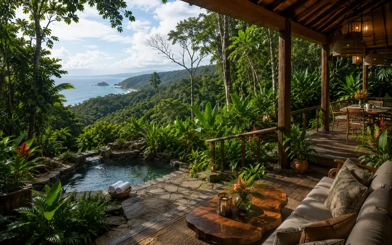 Luxury eco-lodge terrace overlooking tropical rainforest and distant Costa Rica coastline
