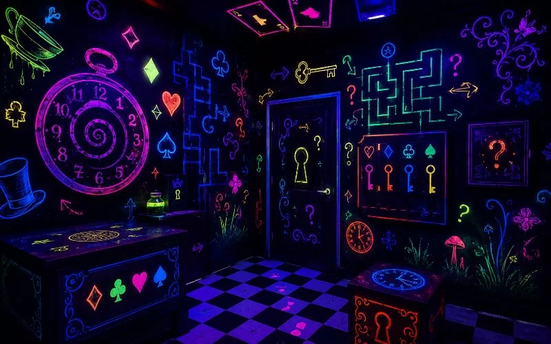 Glow-in-the-dark escape room with black walls covered in neon riddles, clues, clocks, keys, and Alice in Wonderland inspired symbols.