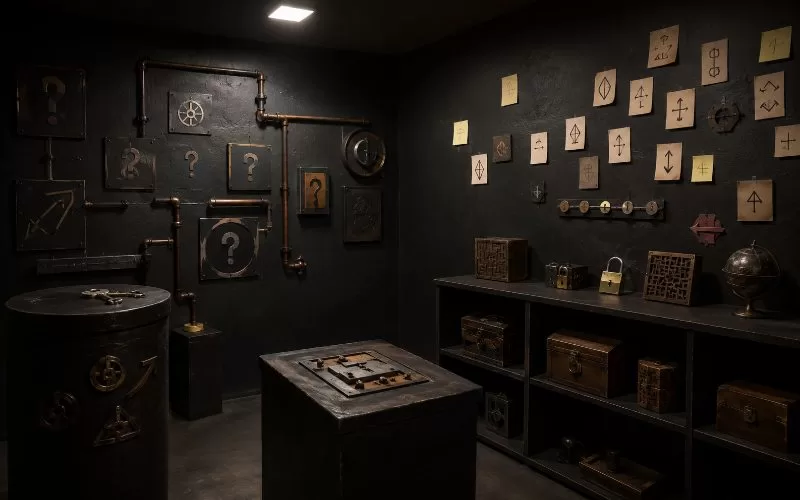 Dark escape room with black walls, dim lighting, puzzle boxes, locks, keys, symbols, and clue cards arranged around the room.