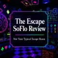 Featured image for The Escape SoFlo Review with a neon Alice in Wonderland inspired escape room background and centered title text.