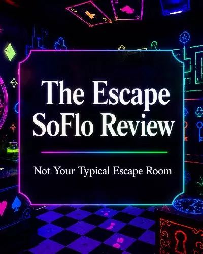 Featured image for The Escape SoFlo Review with a neon Alice in Wonderland inspired escape room background and centered title text.