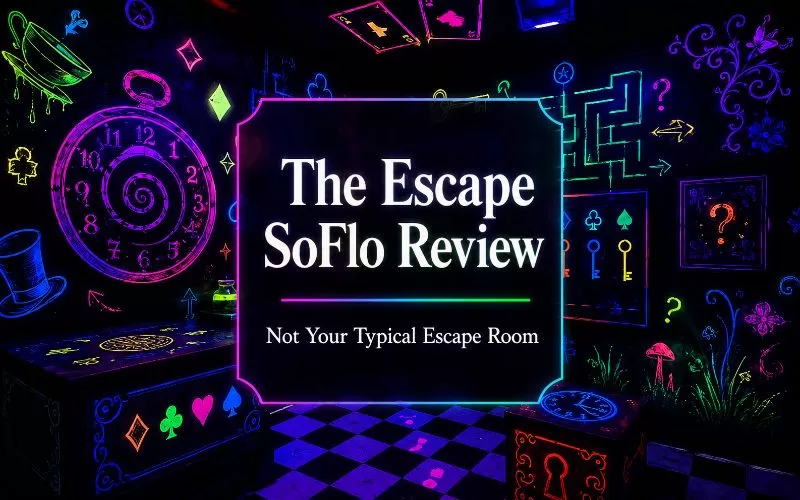 Featured image for The Escape SoFlo Review with a neon Alice in Wonderland inspired escape room background and centered title text.