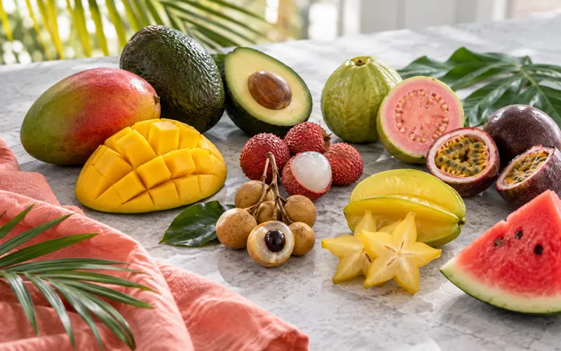 Florida mangoes, avocados, lychees, longans, guava, and passion fruit on a bright table