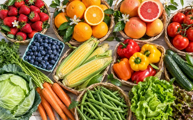 Florida strawberries, blueberries, citrus, tomatoes, corn, and vegetables displayed in market baskets