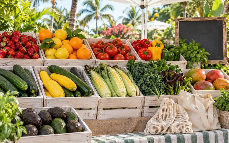 Fresh Florida fruits and vegetables displayed in wooden crates at a local farmers market