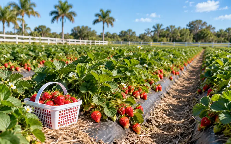Ripe strawberries growing in rows at a sunny Florida U-pick farm