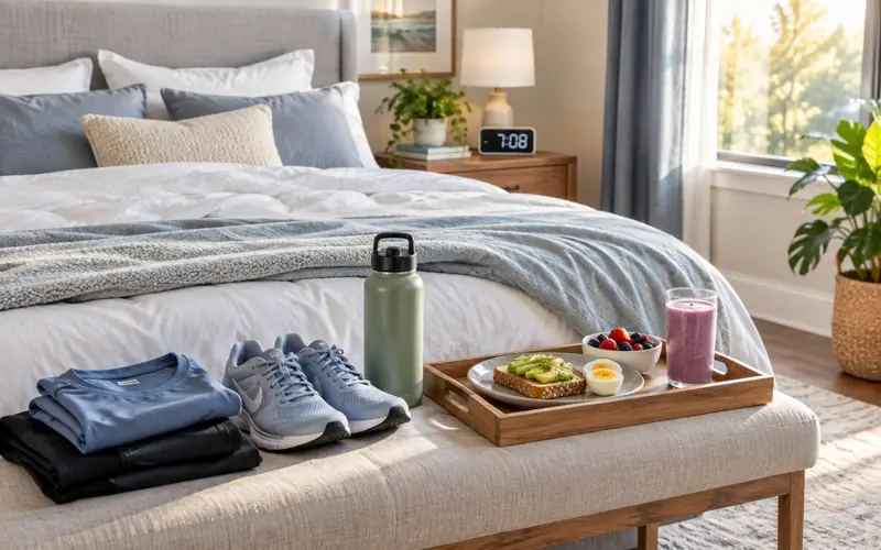 Bright bedroom with workout clothes and a balanced breakfast prepared for the morning