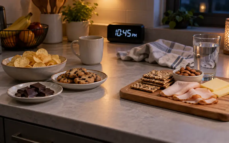 Balanced snack ingredients beside tempting late-night foods and a bedside clock