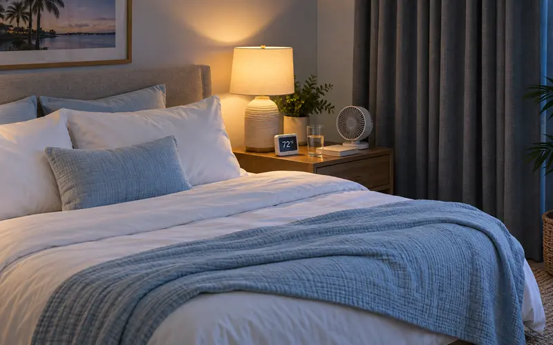 Cool dark bedroom prepared for comfortable and uninterrupted sleep