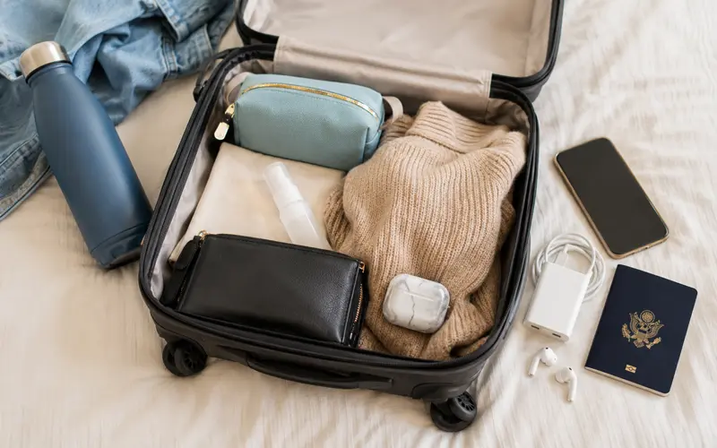 Carry-on bag packed with a passport, phone, portable charger, earbuds, toiletries, and travel essentials.