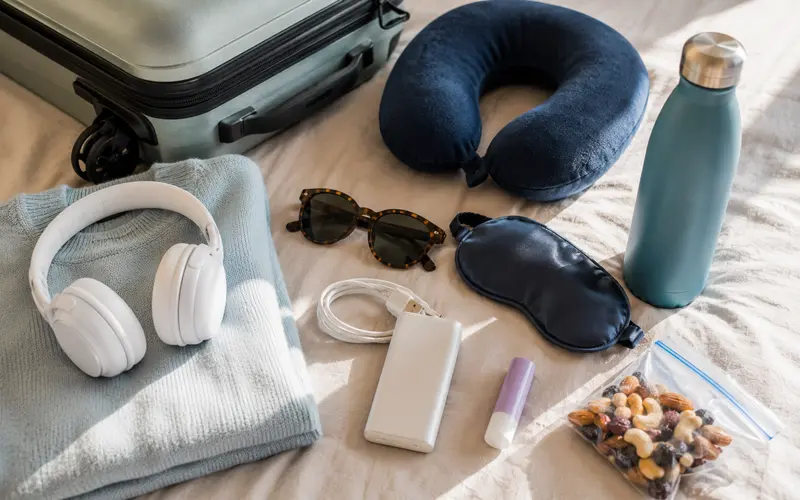 Travel comfort and tech essentials including headphones, portable charger, travel pillow, water bottle, and eye mask.
