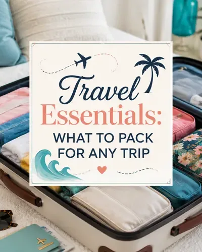 Carry-on bag packed with a passport, phone, portable charger, earbuds, toiletries, and travel essentials.