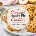 Caramel apple pie cookies with fresh apple filling and caramel drizzle displayed with green and red apples beneath the centered recipe title.