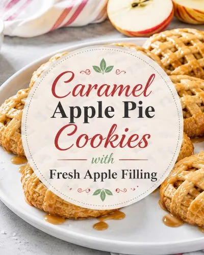 Caramel apple pie cookies with fresh apple filling and caramel drizzle displayed with green and red apples beneath the centered recipe title.