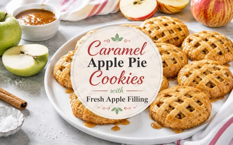 Caramel apple pie cookies with fresh apple filling and caramel drizzle displayed with green and red apples beneath the centered recipe title.