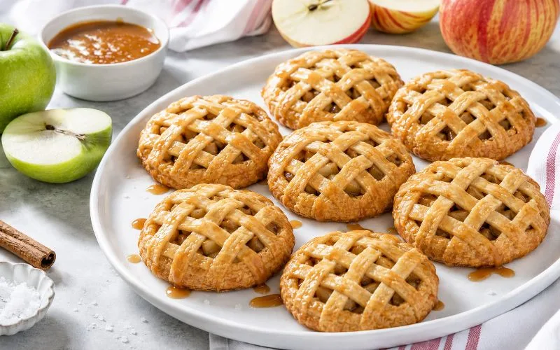 Caramel apple pie cookies with golden lattice crust, fresh apple filling, and salted caramel drizzle arranged on a white plate with sliced apples and cinnamon.
