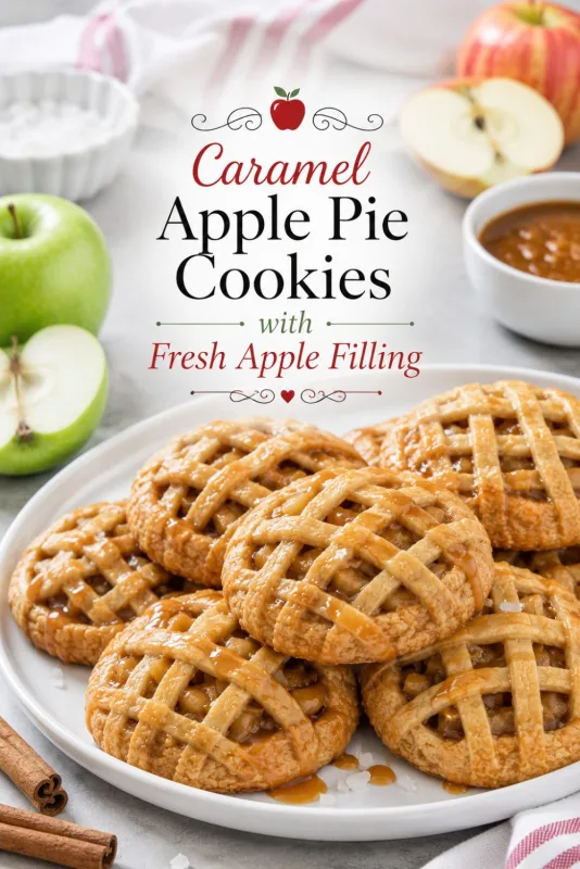 Golden caramel apple pie cookies with lattice crust, fresh cinnamon apple filling, sliced apples, and caramel sauce beneath the centered recipe title.