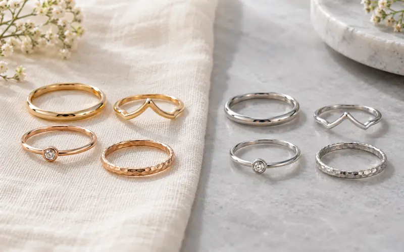 Yellow gold and sterling silver minimalist rings displayed side by side