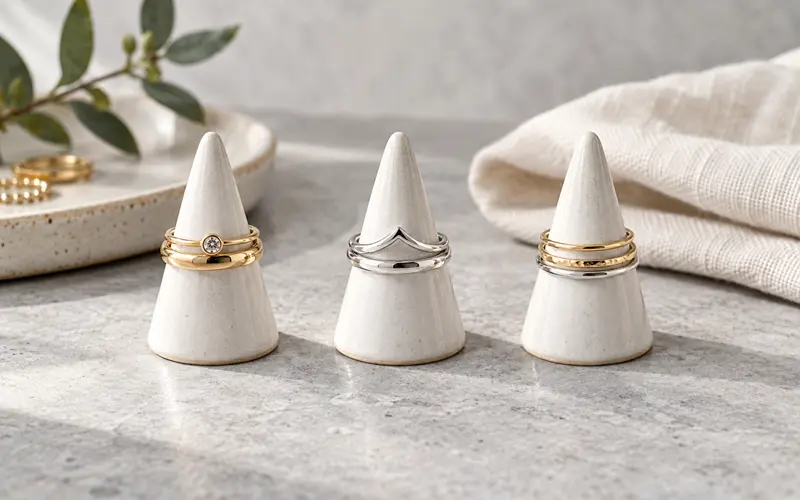 Coordinated minimalist ring stacks with smooth, textured, and gemstone bands