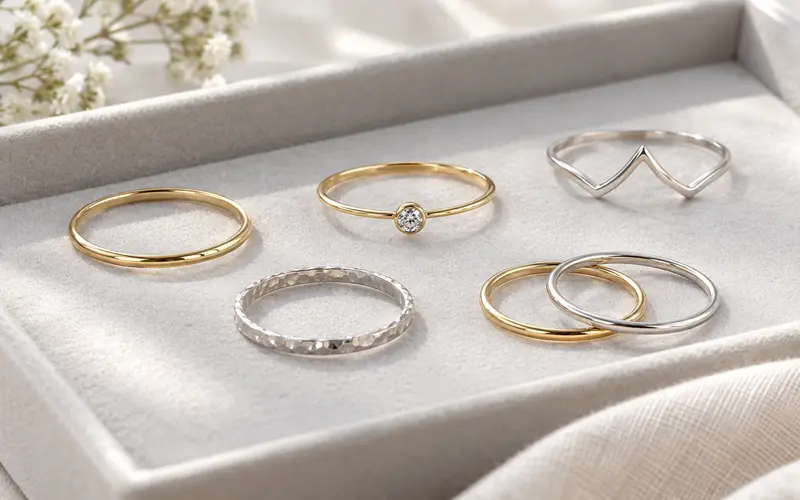 Gold and silver minimalist rings arranged on a light-gray jewelry tray