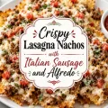 Crispy lasagna nachos with sausage, Alfredo, melted cheese, tomatoes, basil, and marinara beneath the centered recipe title.