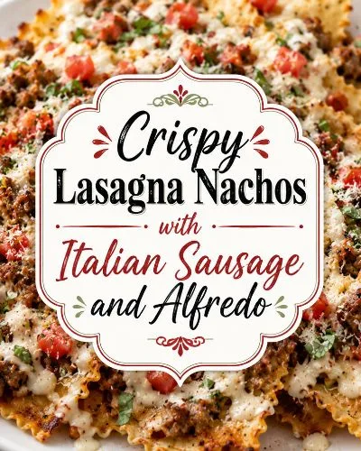 Crispy lasagna nachos with sausage, Alfredo, melted cheese, tomatoes, basil, and marinara beneath the centered recipe title.
