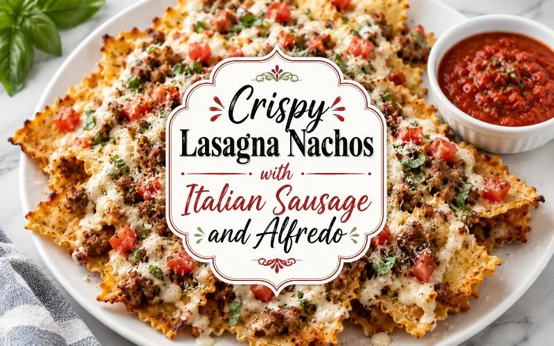 Crispy lasagna nachos with sausage, Alfredo, melted cheese, tomatoes, basil, and marinara beneath the centered recipe title.