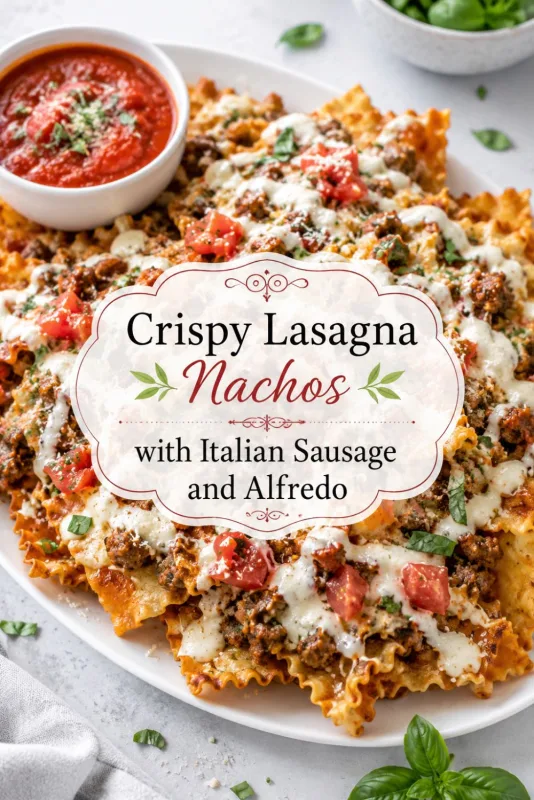 Vertical image of crispy lasagna nachos with Italian sausage, Alfredo sauce, melted cheese, tomatoes, basil, and marinara with centered recipe text.