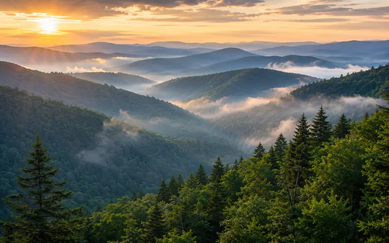 Mist-covered forested mountain ridges glowing in early morning light.