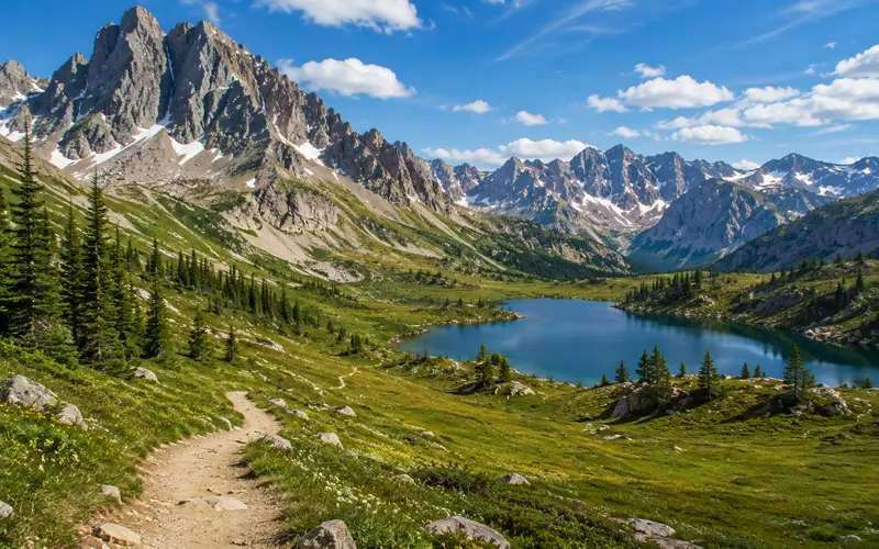 Jagged western mountain peaks rising beyond a green valley and alpine lake.