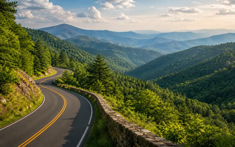 Winding scenic road traveling through forested mountains and distant ridgelines.
