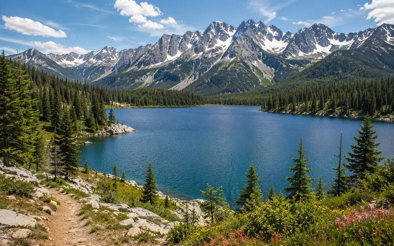 Clear blue mountain lake surrounded by evergreen forest and snowcapped peaks.