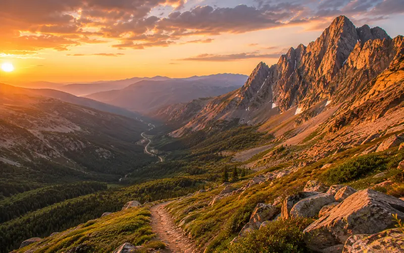 Rugged mountain peaks and a broad valley illuminated by warm sunset light.
