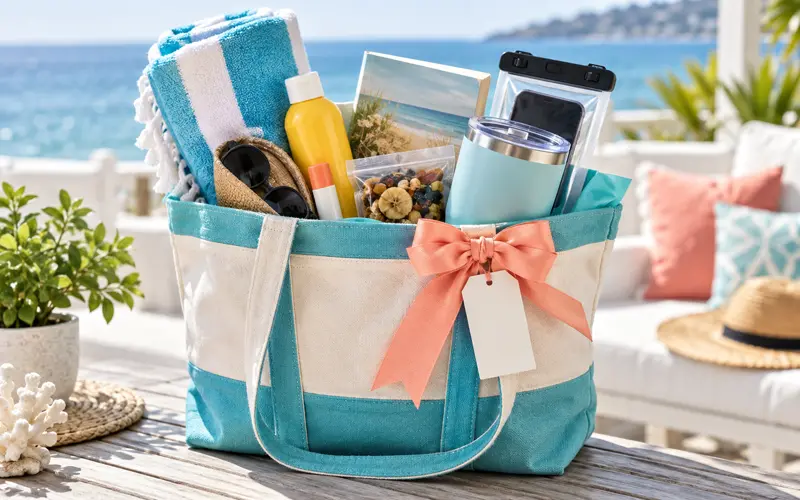 Beach themed gift basket filled with practical accessories for a sunny day by the water