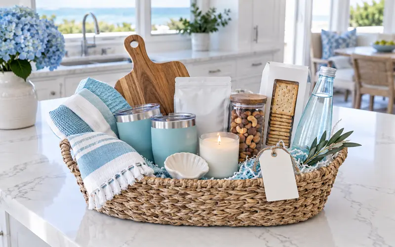 Beach house hostess gift basket with drinkware, snacks, kitchen towels, and coastal accents