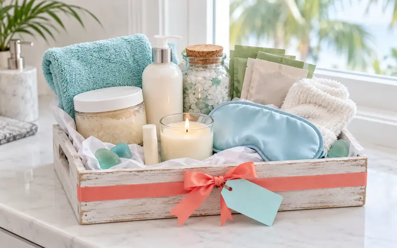 Coastal spa gift box filled with bath salts, lotion, body scrub, an eye mask, candle, towel, and cozy socks.