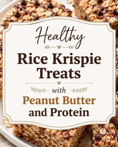 Healthy rice krispie treats with peanut butter and protein shown with oats, mini chocolate chips, light chocolate drizzle, and centered decorative title text.