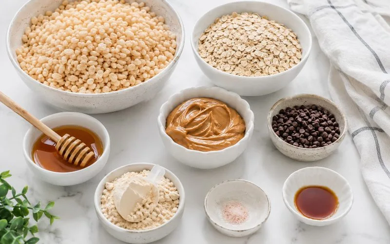 Ingredients for healthy rice krispie treats arranged in white bowls, including crispy brown rice cereal, oats, peanut butter, honey, protein powder, vanilla, salt, and mini chocolate chips.