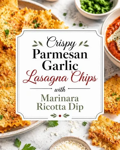 Crispy Parmesan garlic lasagna chips with marinara ricotta dip and decorative title text centered over the food.
