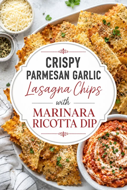 Crispy Parmesan garlic lasagna chips with marinara ricotta dip and large centered recipe title text.