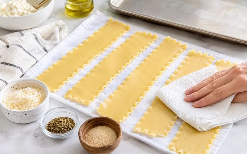 Cooked lasagna noodles laid flat on a towel and patted dry with Parmesan, Italian seasoning, garlic powder, olive oil, and a baking sheet nearby.