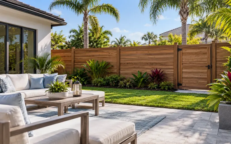 Attractive Florida backyard with a modern wood privacy fence, tropical landscaping, and comfortable patio seating