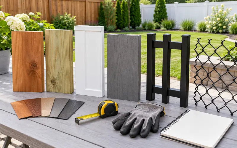 Wood, vinyl, composite, aluminum, and chain-link fence samples arranged on an outdoor project table