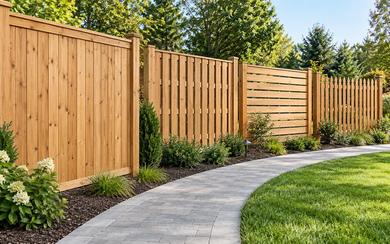 Outdoor fence display featuring privacy, shadowbox, horizontal, and picket fence styles