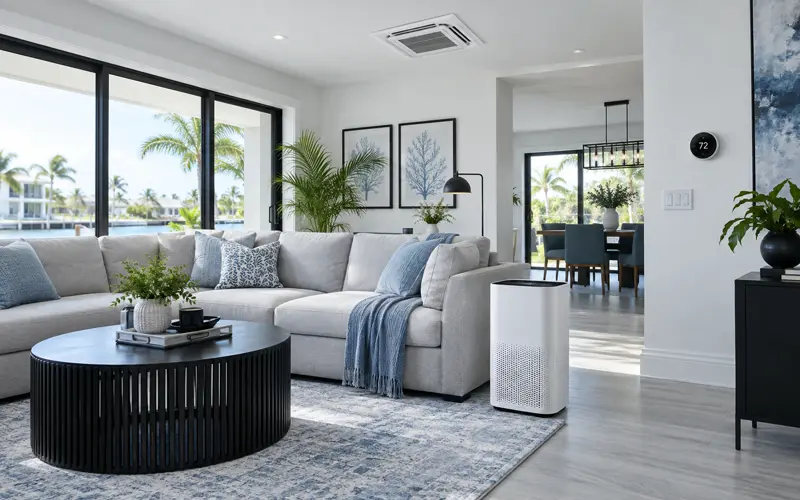 Air purifier operating in a bright living room with central air-conditioning vents.