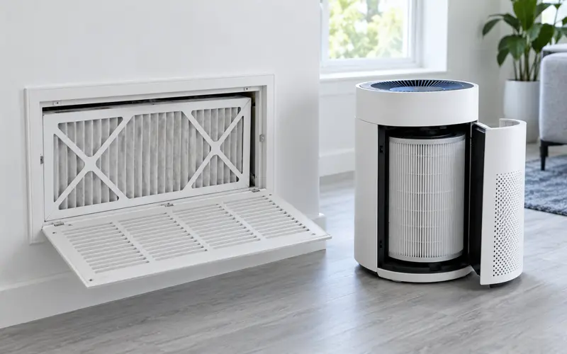 Open HVAC return vent and air purifier showing their installed filters