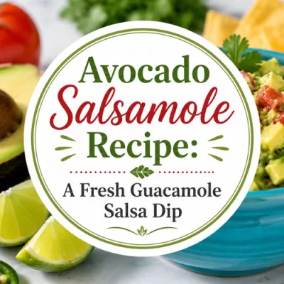 Turquoise bowl of avocado salsamole with tortilla chips, lime, avocado, tomato, jalapeño, and centered recipe title text.