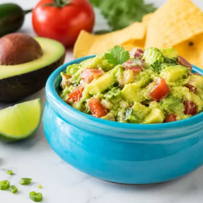 Turquoise bowl of chunky avocado salsamole with tortilla chips, lime, avocado, tomato, and jalapeño on a light countertop.