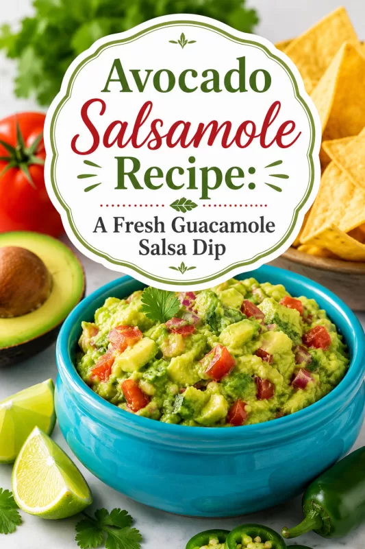 Turquoise bowl of avocado salsamole guacamole dip with tortilla chips, avocado, lime, tomato, jalapeño, and large centered recipe title text.